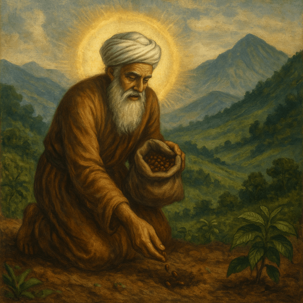 Baba Budan planting coffee seeds in Karnataka Hills - AI Generated Historical Artwork