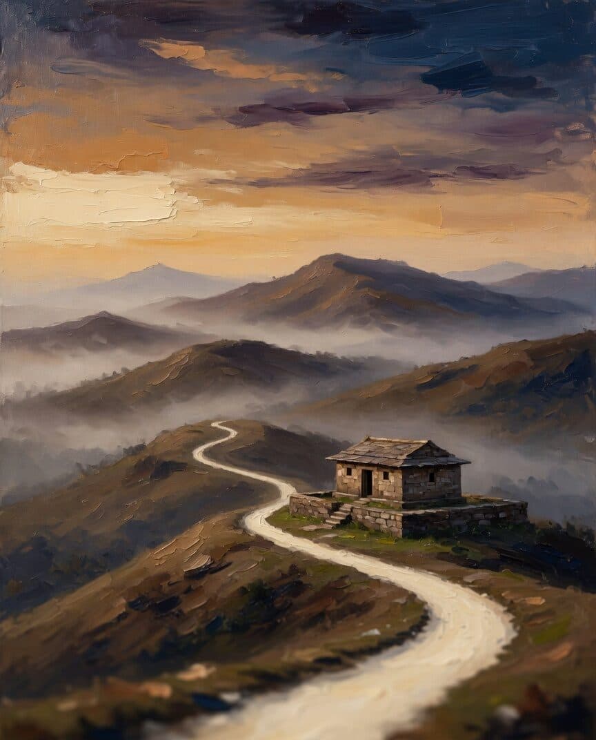 Painterly view of the Baba Budan Giri hills in Karnataka at dusk